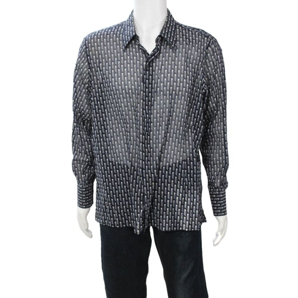 Ascot Chang Mens Button Front Collared Sheer Geometric Shirt Navy White Large